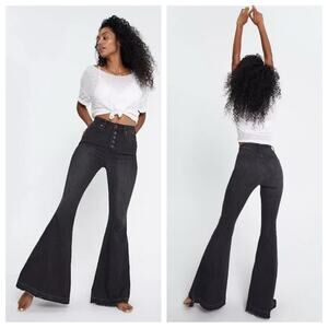 Free People Womens Irreplaceable Flare Jeans Galaxy Black High Rise Button Front